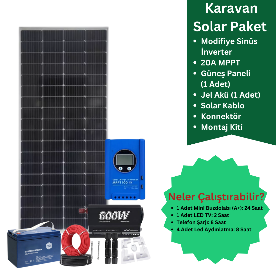 Karavan GES Paketi 2 – 220W / 100AH / MPPT / Modifiye Sinüs