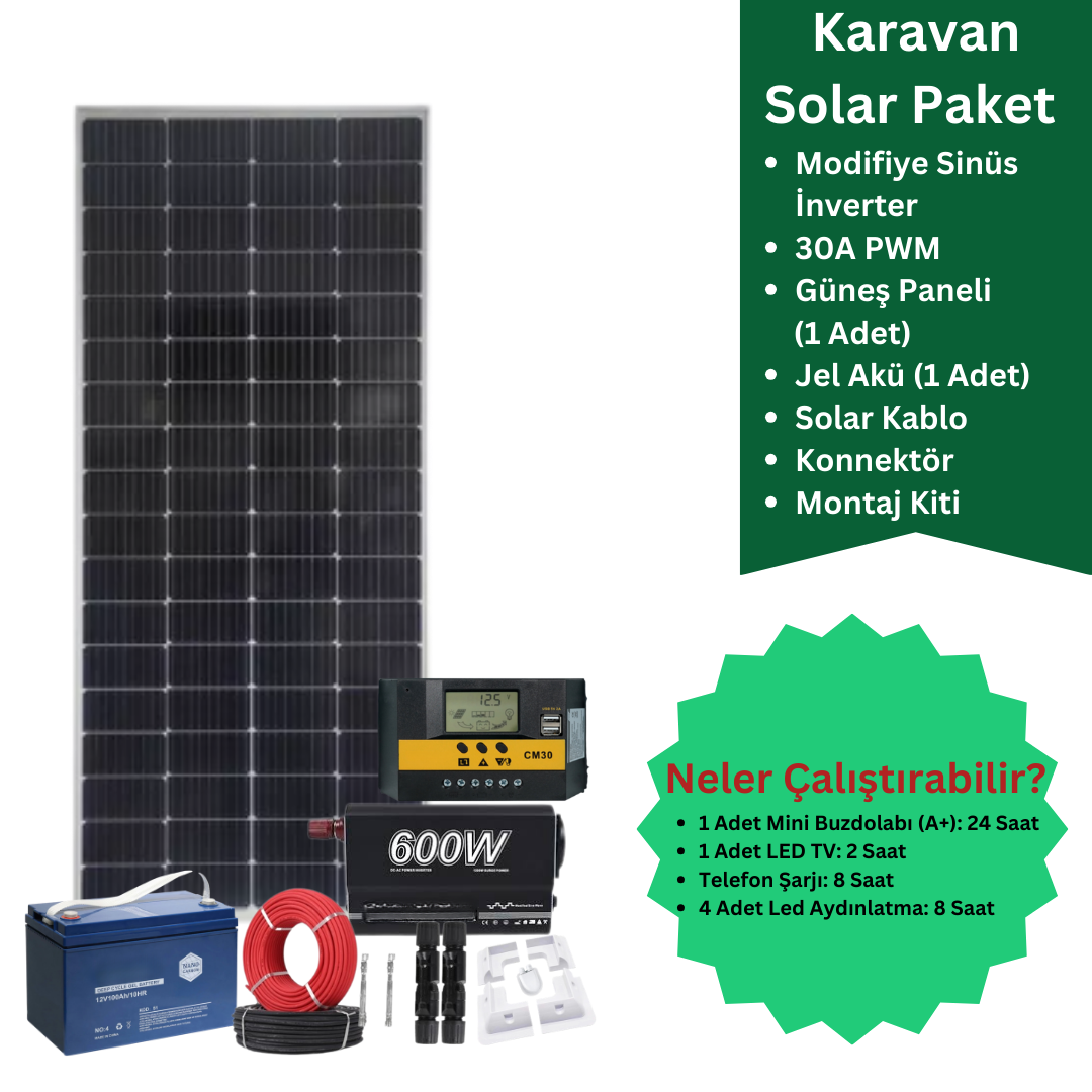 Karavan GES Paketi 1 – 220W / 100AH / PWM / Modifiye Sinüs