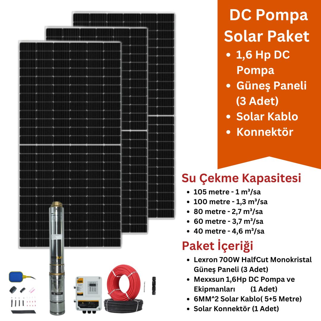 1,6Hp DC Solar Pompa Seti | 3x700W Güneş Paneli + 1,6 HP DC Pomap 