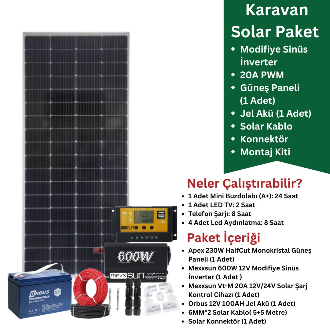 Karavan Güneş Enerjisi Paketi - 600W Modifiye Sinüs 20A PWM