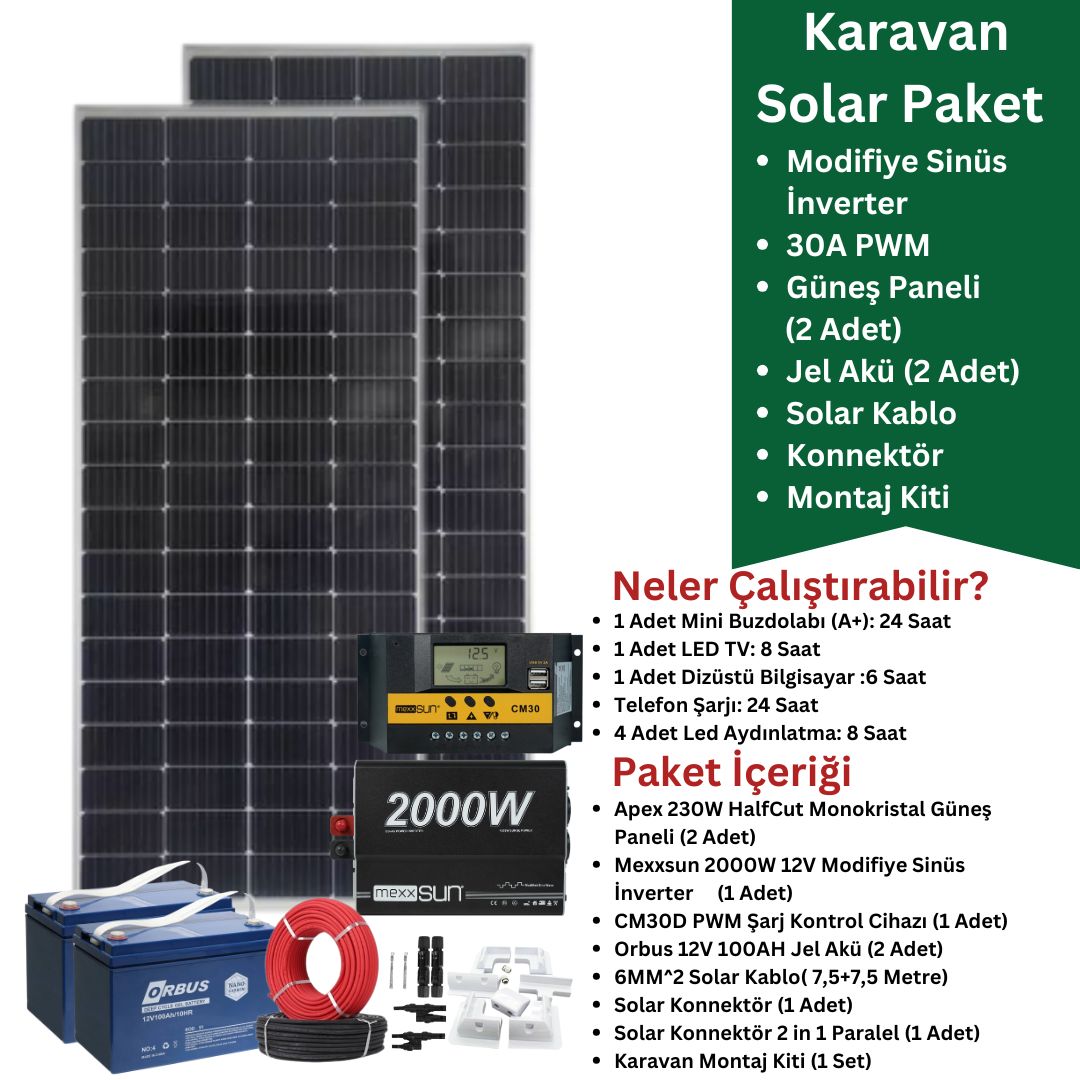Karavan Güneş Enerjisi Paketi - 2000W Modifiye Sinüs 30A PWM