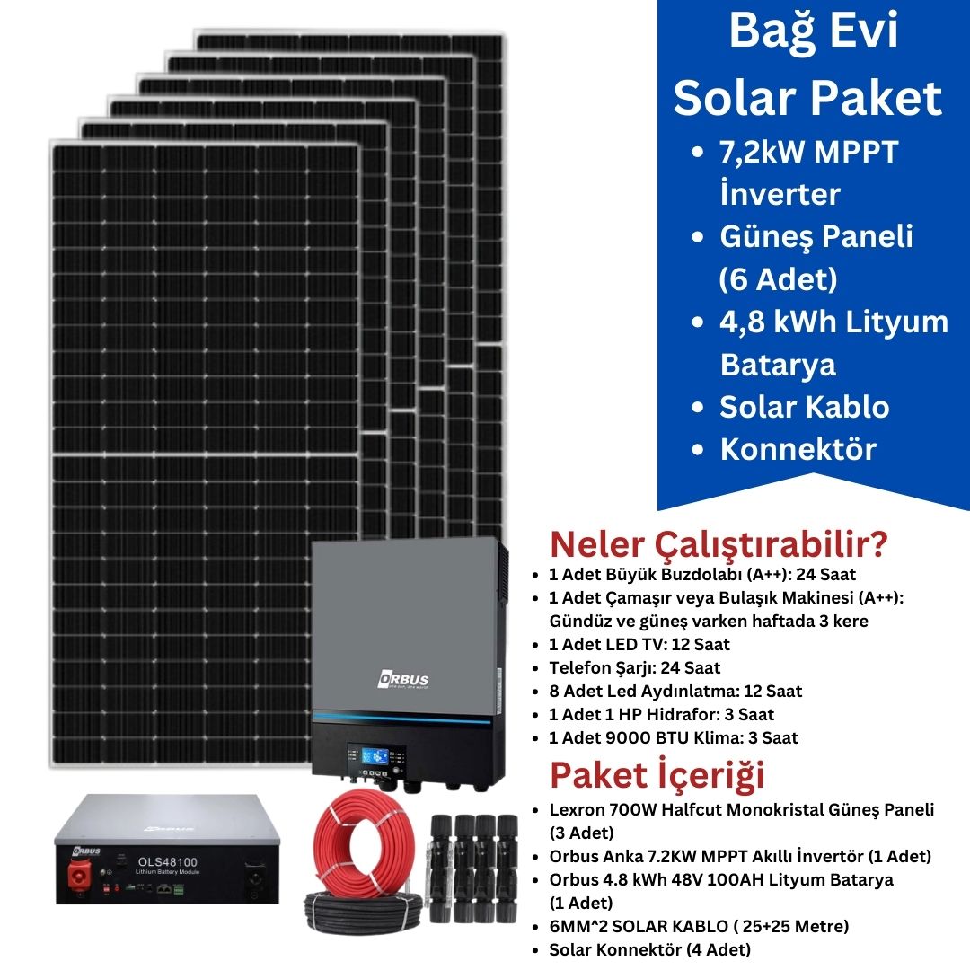 Bağ Evi Güneş Enerjisi Paketi - 7,2kW İnverter + 6x700W Panel