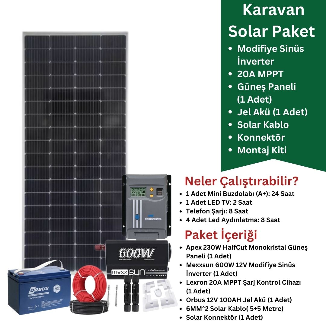 Karavan Güneş Enerjisi Paketi - 600W Modifiye Sinüs 20A MPPT