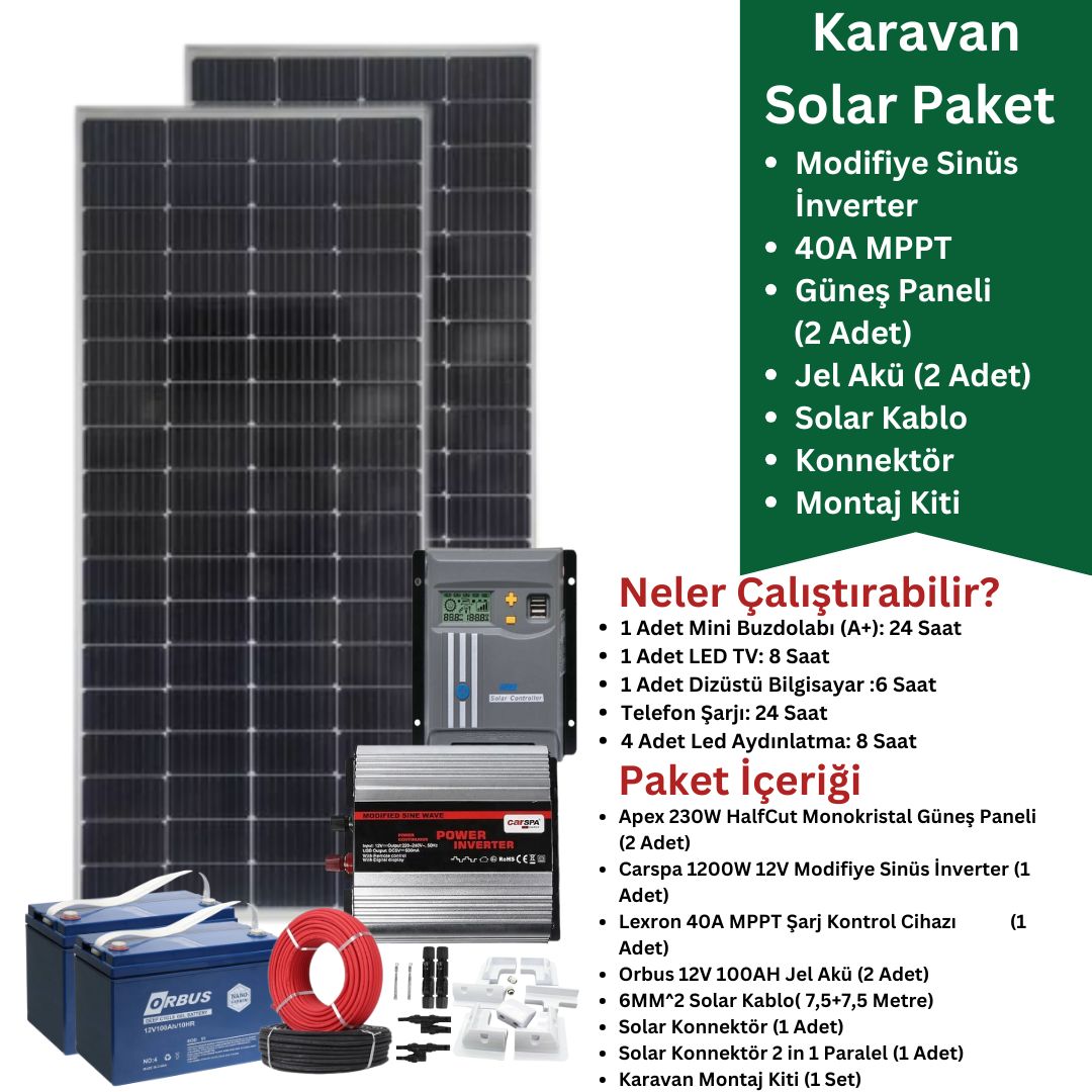 Karavan Güneş Enerjisi Paketi - 1200W Modifiye Sinüs 40A MPPT