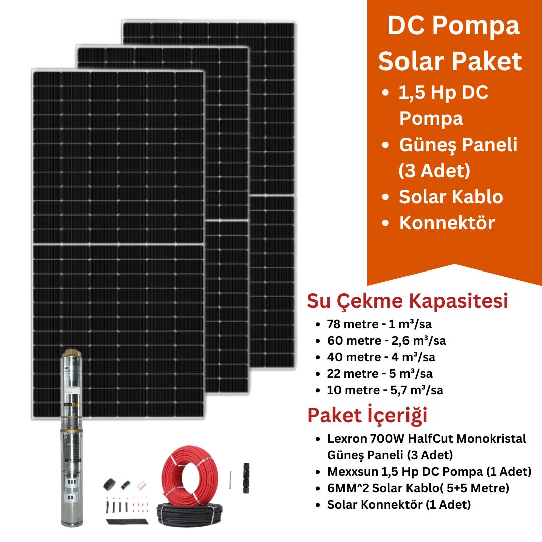 1,5Hp kW DC Solar Pompa Seti | 3x700W Güneş Paneli + 1,5 HP DC Pompa