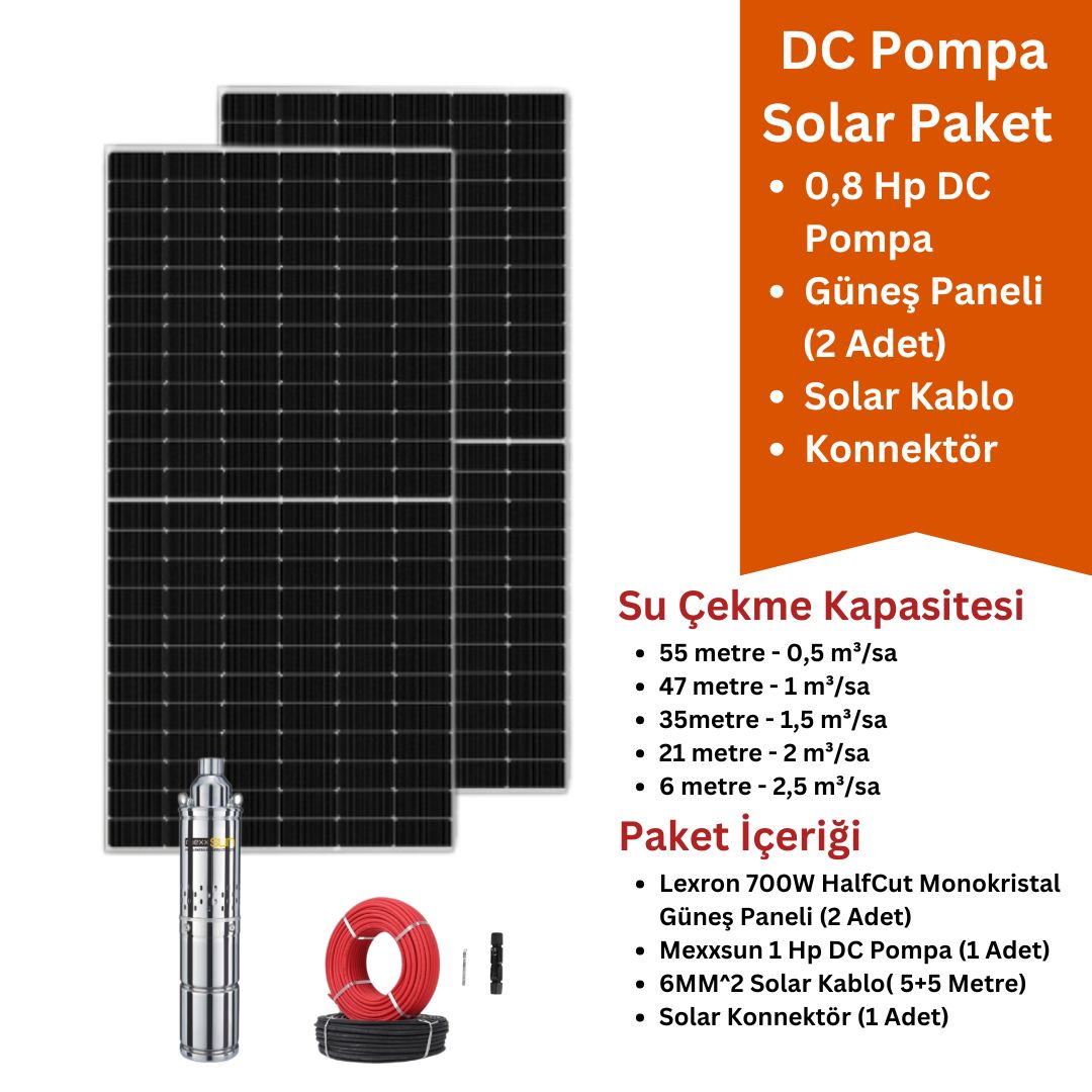 0,8Hp DC Solar Pompa Seti | 2x700W Güneş Paneli + 0,8 HP DC Pompa